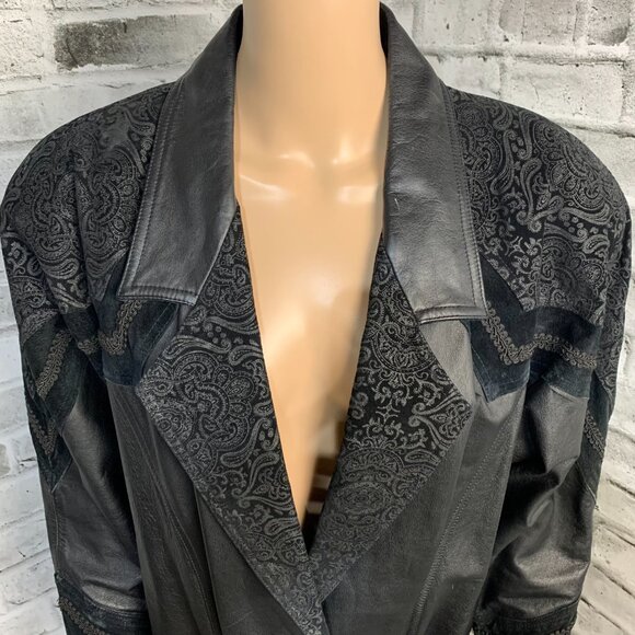 Vintage 80s 90s Leather Suede Trench Coat Long Medium Black Maxi Retro Overcoat - Picture 2 of 16